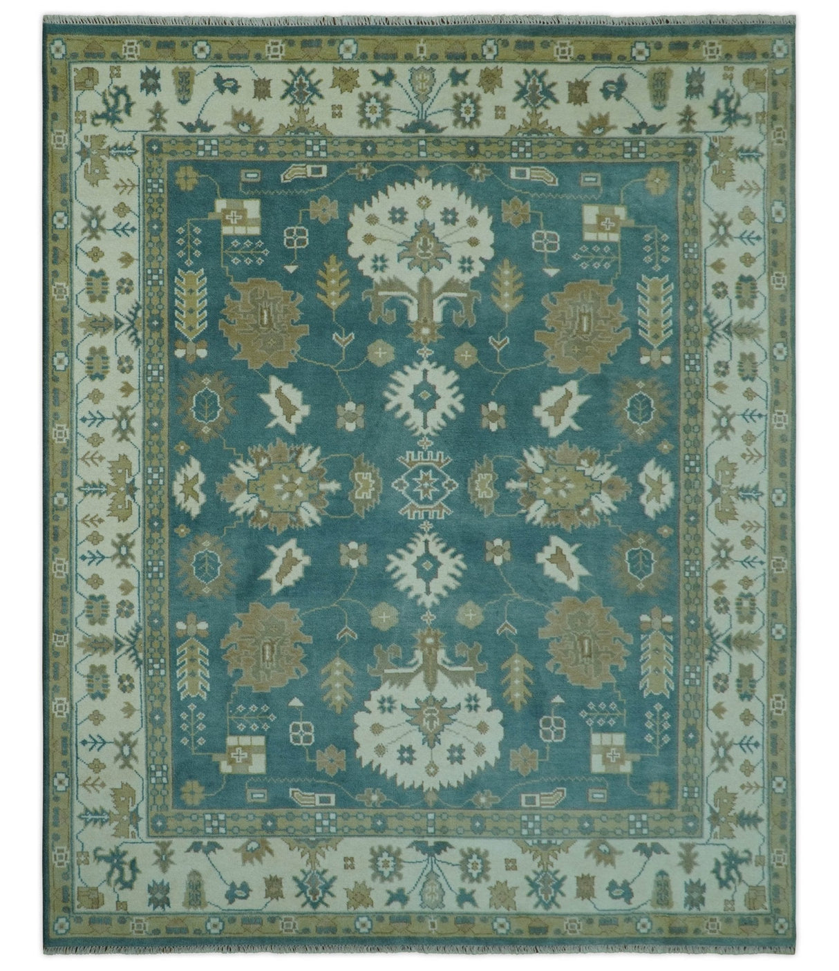 Blue, Beige And Green Traditional Hand Knotted Custom Made Wool rug