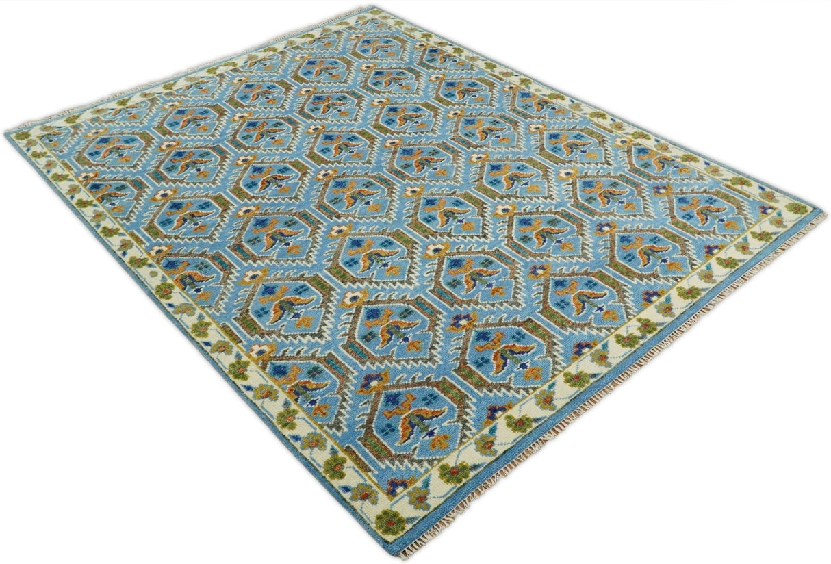 Blue, Brown and Beige Hand Knotted Wool Antique Vintage Style wool Area Rug