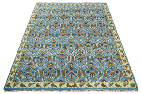 Blue, Brown and Beige Hand Knotted Wool Antique Vintage Style wool Area Rug
