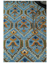 Blue, Brown and Beige Hand Knotted Wool Antique Vintage Style wool Area Rug