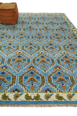 Blue, Brown and Beige Hand Knotted Wool Antique Vintage Style wool Area Rug