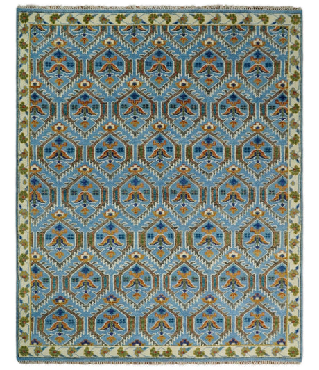 Blue, Brown and Beige Hand Knotted Wool Antique Vintage Style wool Area Rug