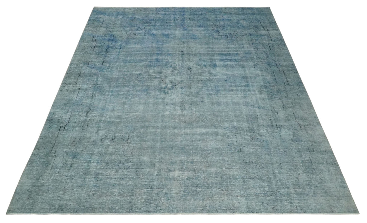 Blue Fine Hand Knotted Distressed Antique Finish 8x11 Wool Area Rug