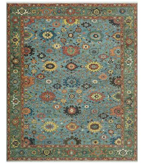 Blue, Green And Rust Traditional Turkish knot fine Hand knotted Wool Area Rug