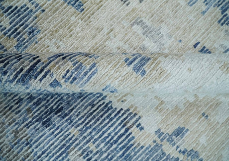Blue, Ivory and Beige Hand Knotted Abstract 8x10 Bamboo Silk Area Rug | TRD2911