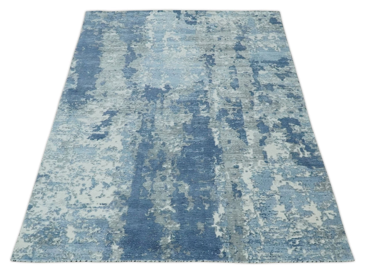 Blue, Ivory and Gray Modern Abstract 6x9 Hand Loomed Blended wool and Art silk Area Rug-Area Rug-Parc Decor