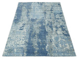 Blue, Ivory and Gray Modern Abstract 6x9 Hand Loomed Blended wool and Art silk Area Rug-Area Rug-Parc Decor