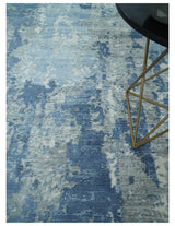 Blue, Ivory and Gray Modern Abstract 6x9 Hand Loomed Blended wool and Art silk Area Rug-Area Rug-Parc Decor