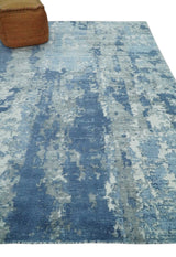 Blue, Ivory and Gray Modern Abstract 6x9 Hand Loomed Blended wool and Art silk Area Rug-Area Rug-Parc Decor