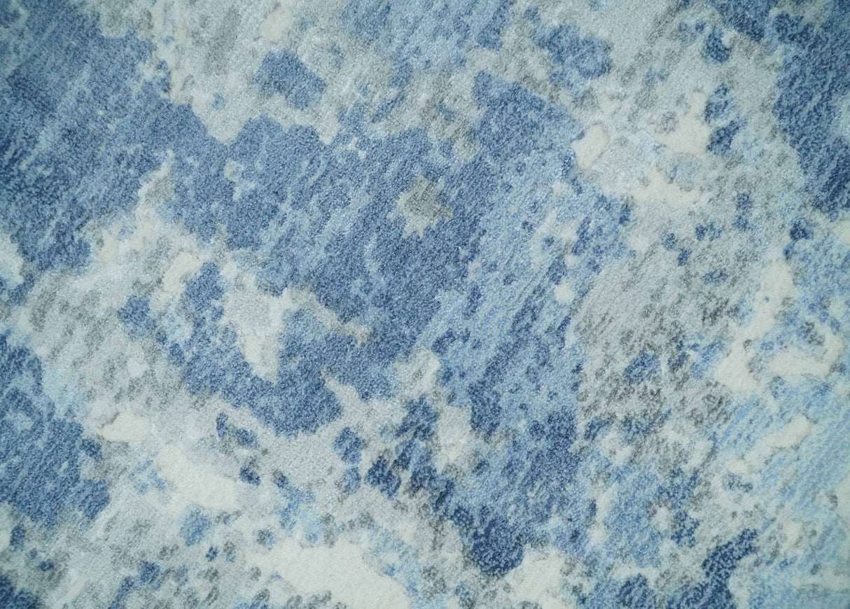 Blue, Ivory and Gray Modern Abstract 6x9 Hand Loomed Blended wool and Art silk Area Rug-Area Rug-Parc Decor