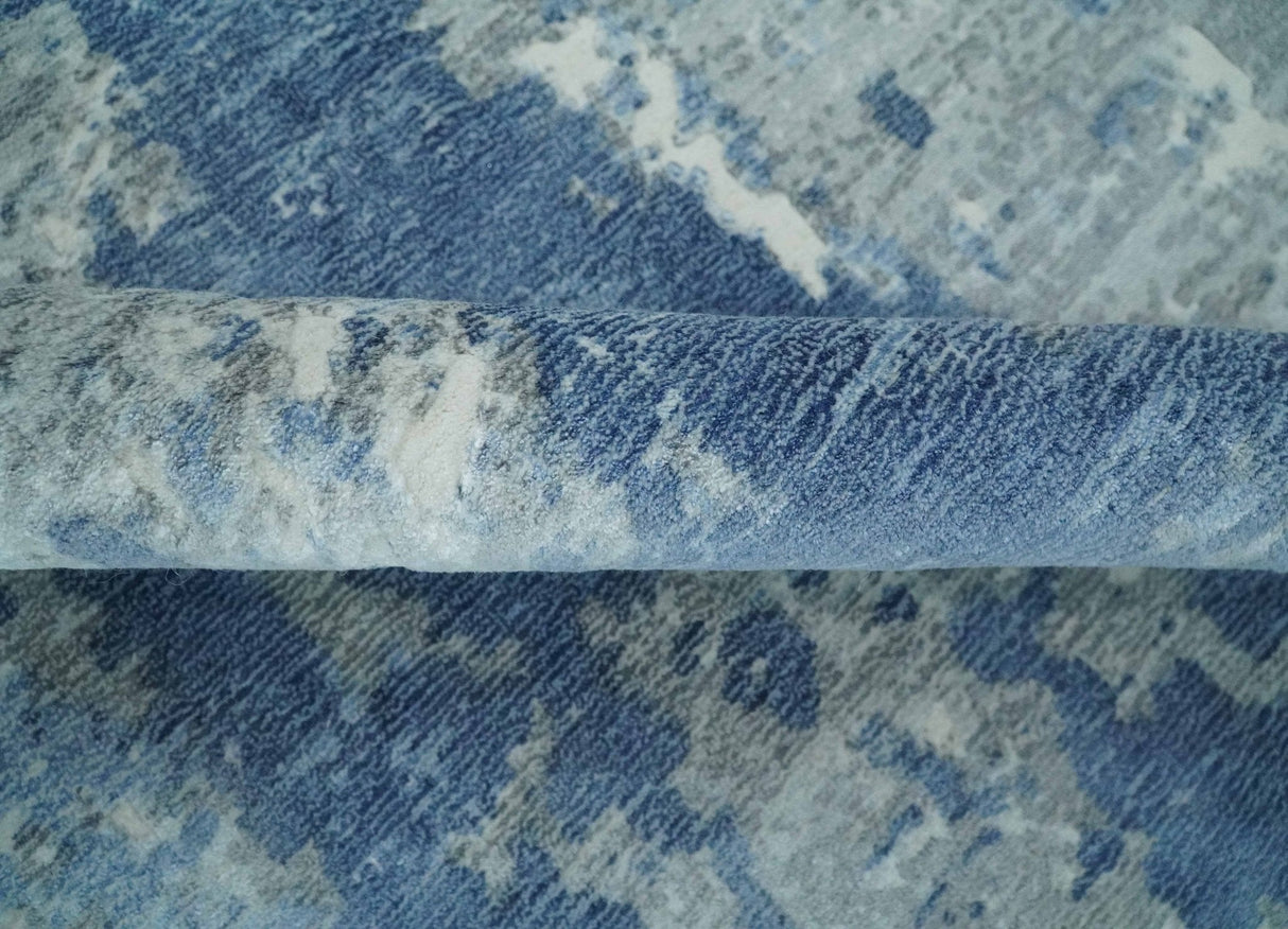 Blue, Ivory and Gray Modern Abstract 6x9 Hand Loomed Blended wool and Art silk Area Rug-Area Rug-Parc Decor