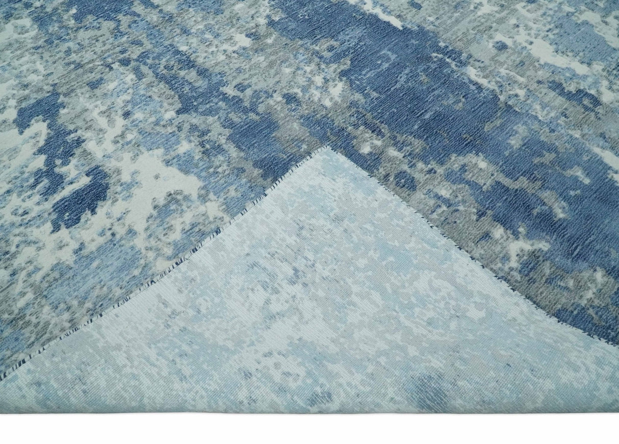 Blue, Ivory and Gray Modern Abstract 6x9 Hand Loomed Blended wool and Art silk Area Rug-Area Rug-Parc Decor