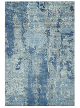 Blue, Ivory and Gray Modern Abstract 6x9 Hand Loomed Blended wool and Art silk Area Rug-Area Rug-Parc Decor