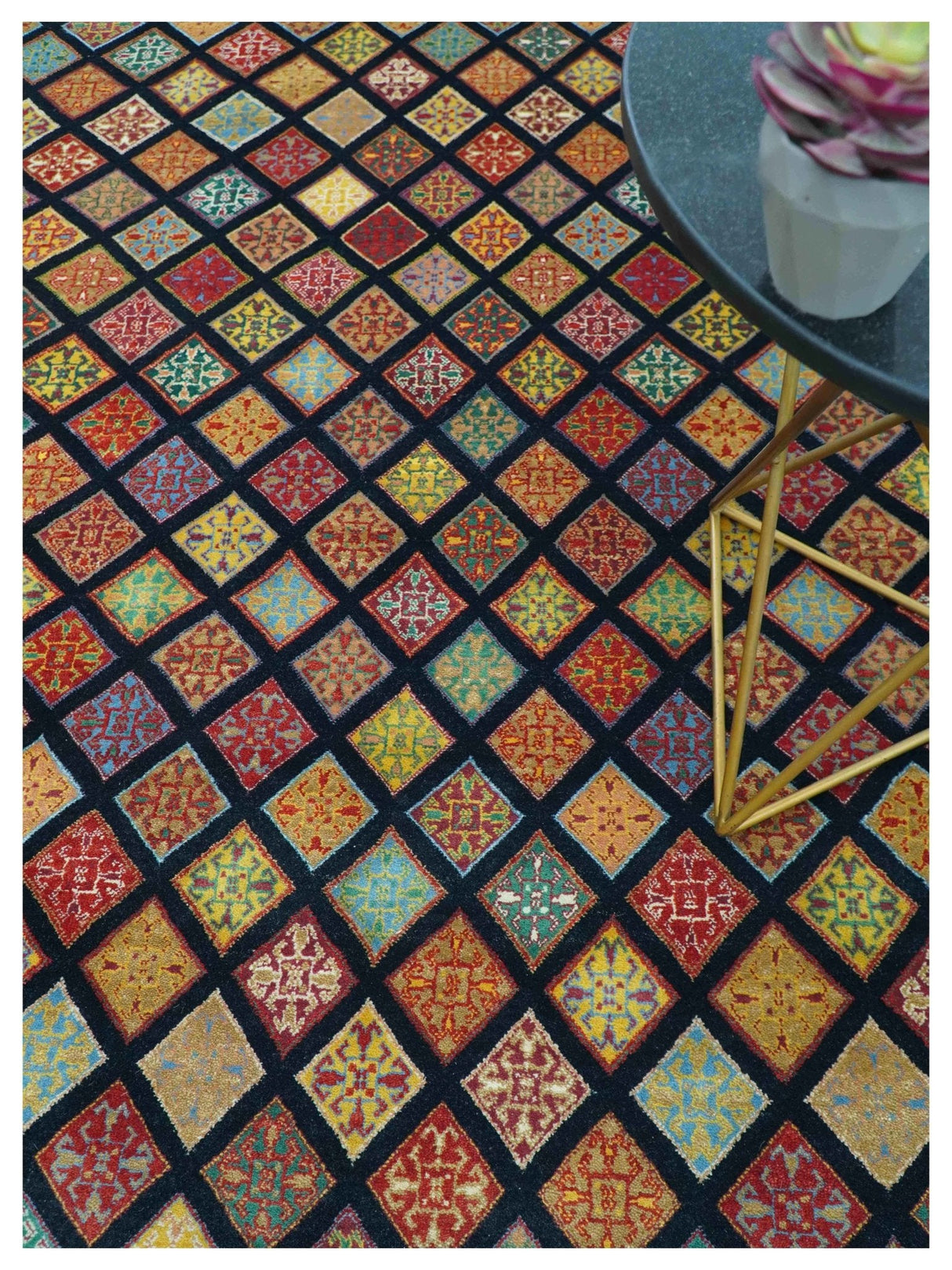 Blue Modern Geometrical Design 9x12 Hand Knotted wool Area Rug
