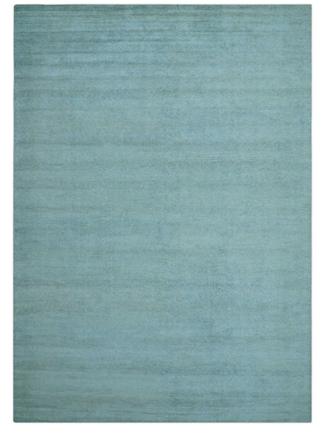 Blue Modern Solid Low Pile Hand Knotted 10x14 Bamboo Silk Area Rug