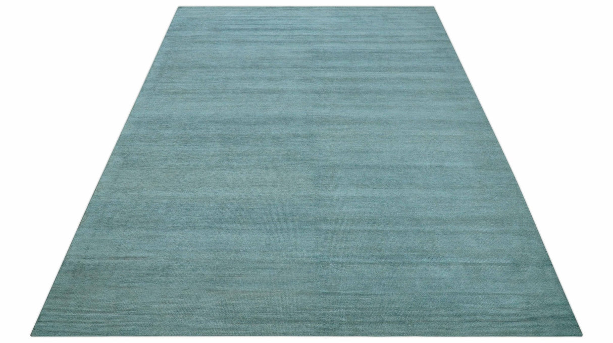 Blue Modern Solid Low Pile Hand Knotted 10x14 Bamboo Silk Area Rug