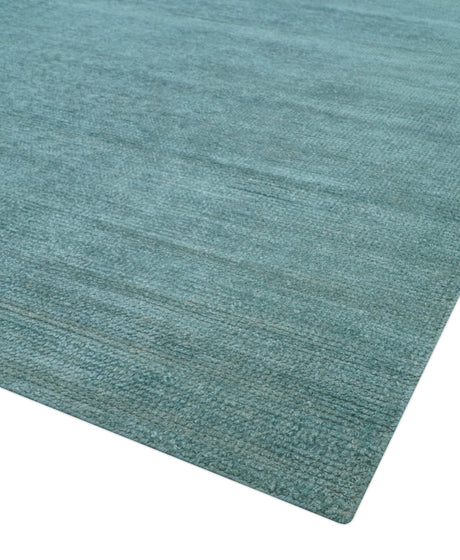Blue Modern Solid Low Pile Hand Knotted 10x14 Bamboo Silk Area Rug