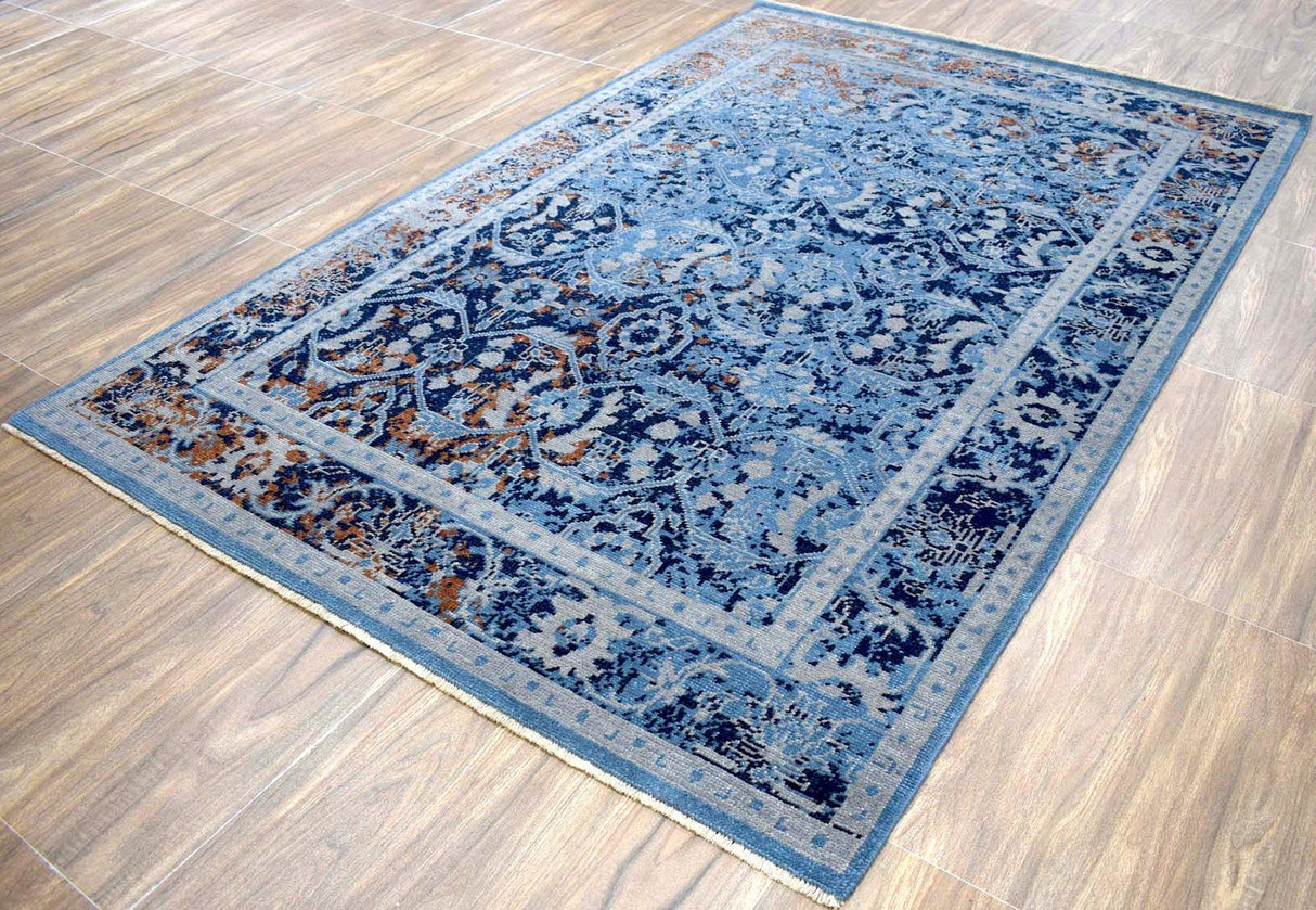 Blue Modern Style Hand Knotted Wool 5.6x8.6 Area Rug