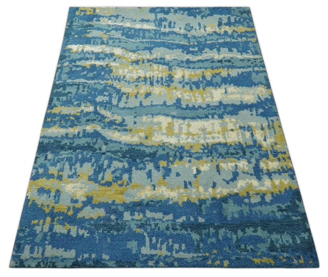 Blue, Olive and Ivory Modern abstract Hand Knotted 5x8 wool Area Rug