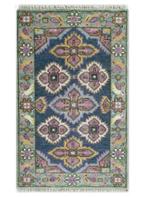 Blue, Purple and Green hand knotted Traditional Heriz Serapi Wool Area Rug