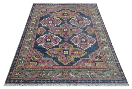 Blue, Purple and Green hand knotted Traditional Heriz Serapi Wool Area Rug