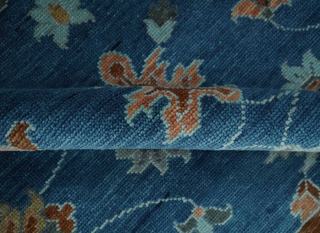 Blue, Rust and Aqua Hand Knotted Floral Multi Size Oushak Wool Area Rug