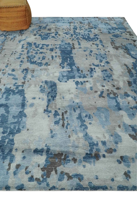 Blue, Silver and Brown Hand knotted Abstract wool and Silk Blended 8x10 Area Rug