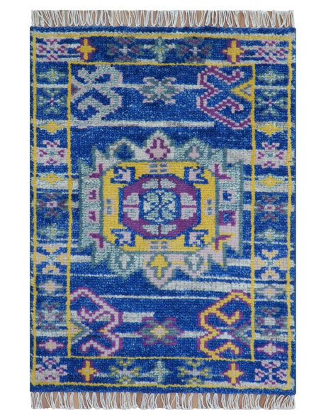 Blue Transitional Design 2x3 Hand knotted Wool Area Rug
