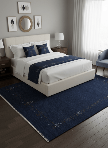 Blue Tribal Border Design Hand Loomed Wool Area Rug