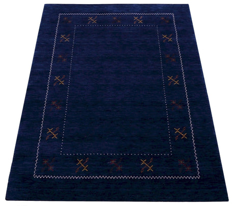 Blue Tribal Border Design Hand Loomed Wool Area Rug
