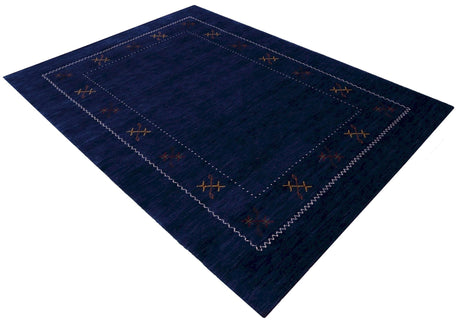 Blue Tribal Border Design Hand Loomed Wool Area Rug