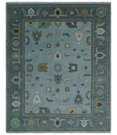 Bluish Gray and Aqua Hand knotted Oriental Oushak Custom Made wool Area Rug