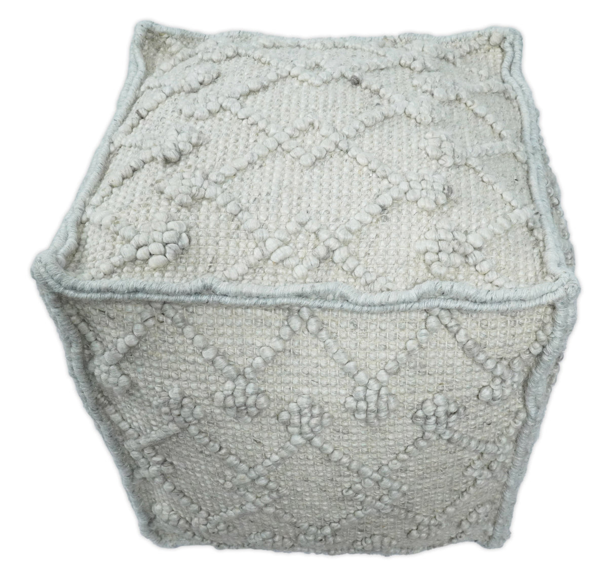 Boho Handwoven Ivory Pouf Ottoman Made with Wool Blend, Tribal Design, Footstool, Couch, Side table | TRD111-Pouf-Parc Decor