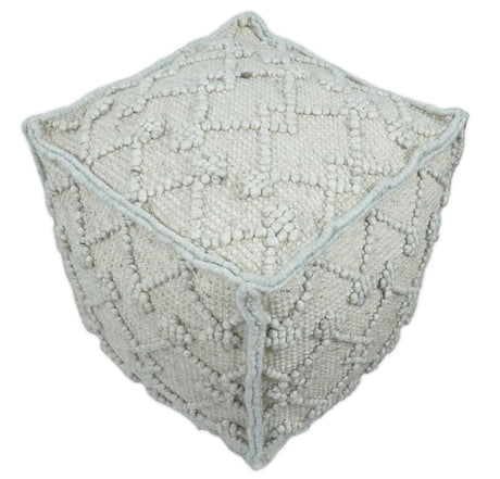 Boho Handwoven Ivory Pouf Ottoman Made with Wool Blend, Tribal Design, Footstool, Couch, Side table | TRD111-Pouf-Parc Decor