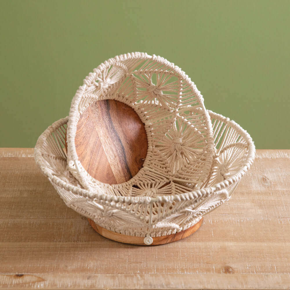 Boho Handwoven Wood and Macramé Bowls (Set of 2)-Kitchenware-Parc Decor