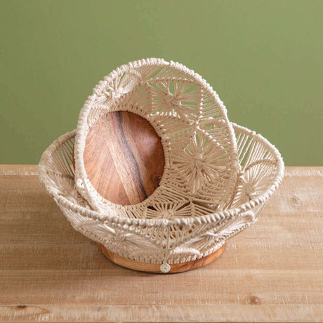 Boho Handwoven Wood and Macramé Bowls (Set of 2)-Kitchenware-Parc Decor