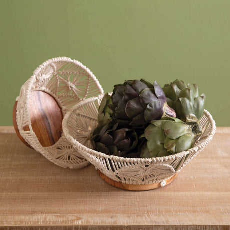Boho Handwoven Wood and Macramé Bowls (Set of 2)-Kitchenware-Parc Decor