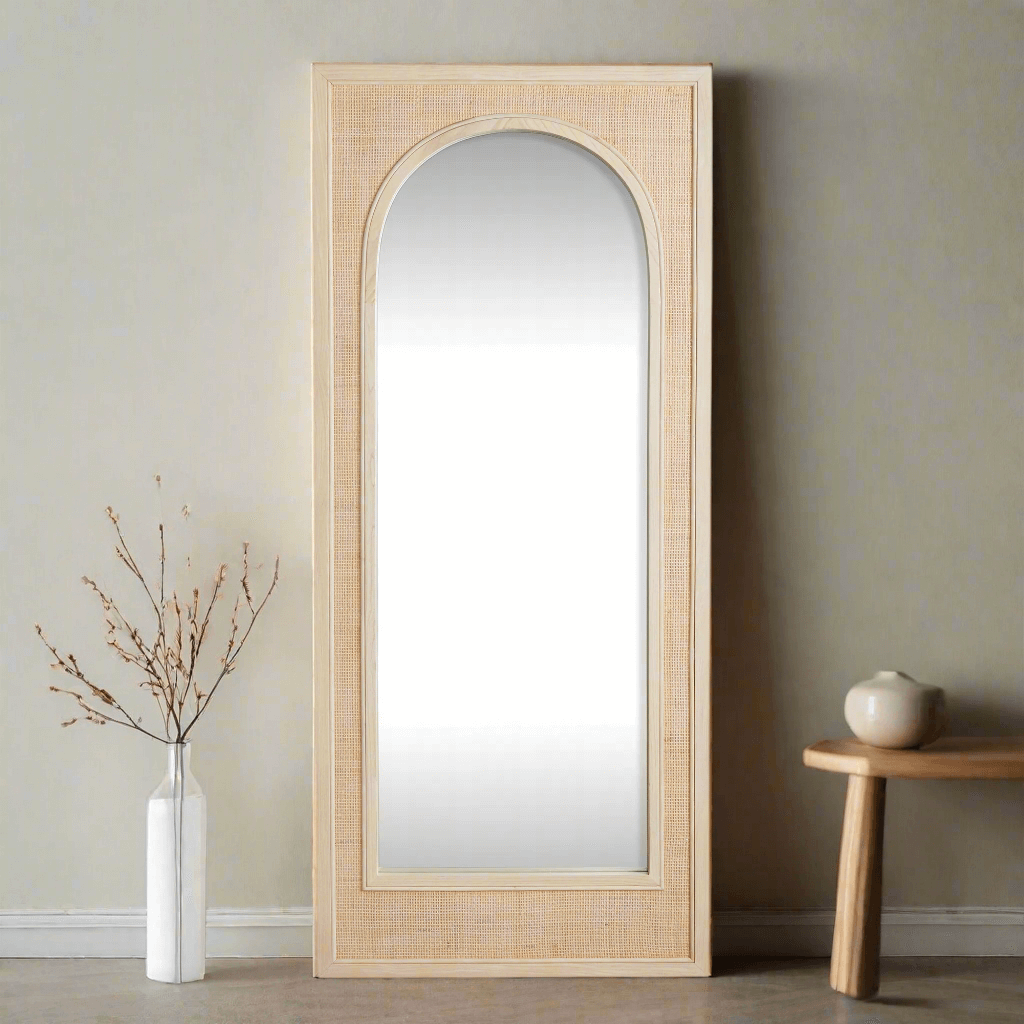 Boho Rattan Wall Mirror in Tall Arched Design-mirror-Parc Decor