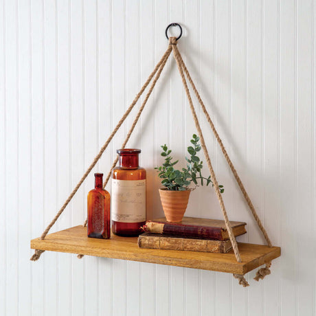 Boho Wooden Hanging Wall Shelf with Rope-Storage-Parc Decor