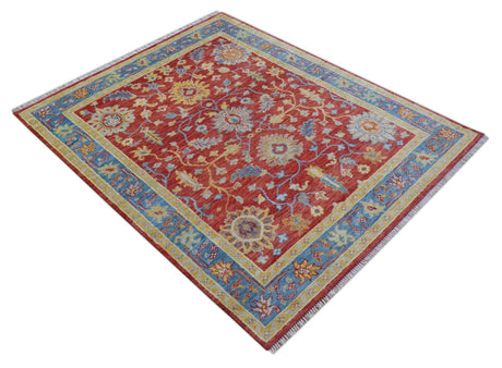 Brickle Red And Blue Traditional Hand Knotted Wool Area Rug