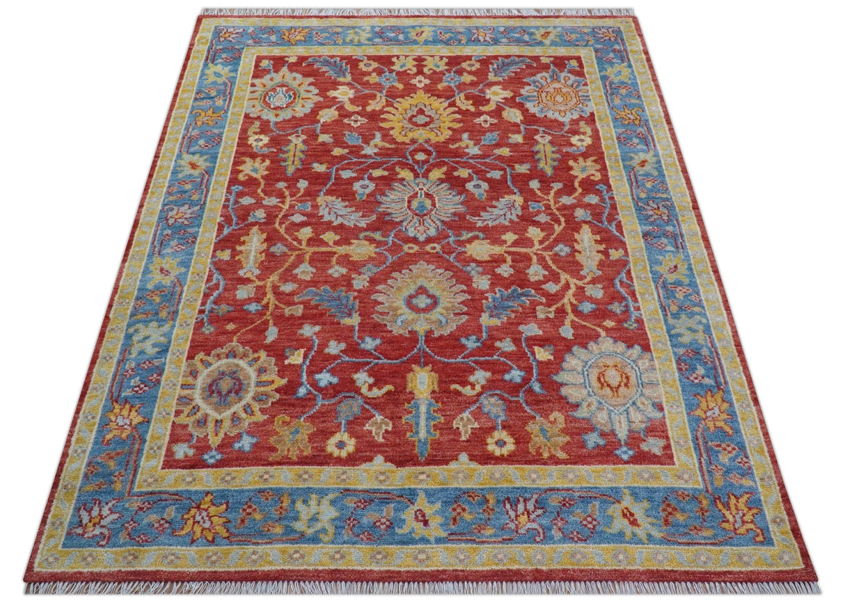 Brickle Red And Blue Traditional Hand Knotted Wool Area Rug
