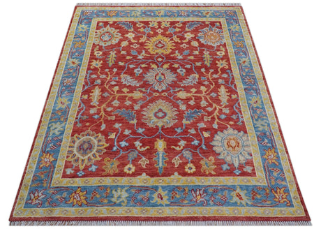 Brickle Red And Blue Traditional Hand Knotted Wool Area Rug