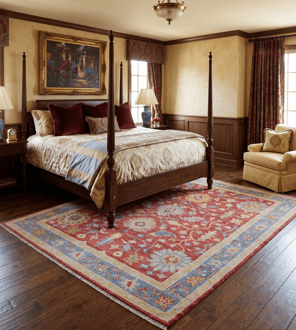 Brickle Red And Blue Traditional Hand Knotted Wool Area Rug