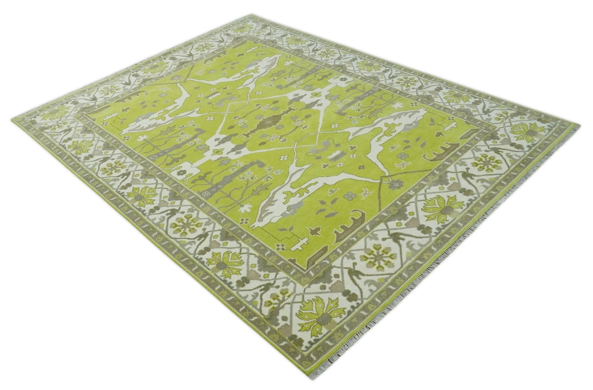 Bright Green and Ivory Hand knotted Oriental Oushak 9x12 wool Area Rug