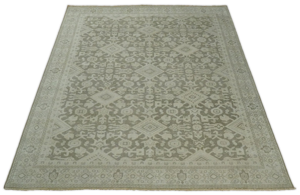 Brown and Beige Hand Knotted Wool Low Pile Vintage Area Rug