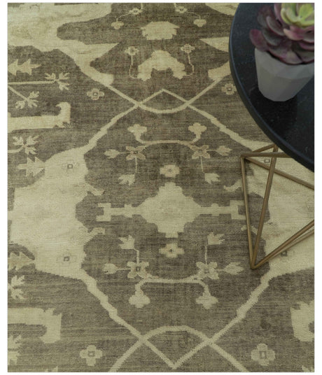 Brown And Beige Traditional Oushak Hand knotted Wool Area Rug
