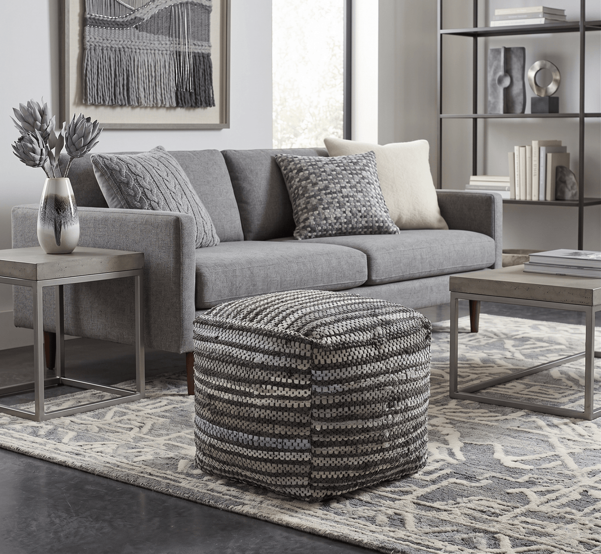 Brown And Silver Modern Stripes Pattern Jute Pouf