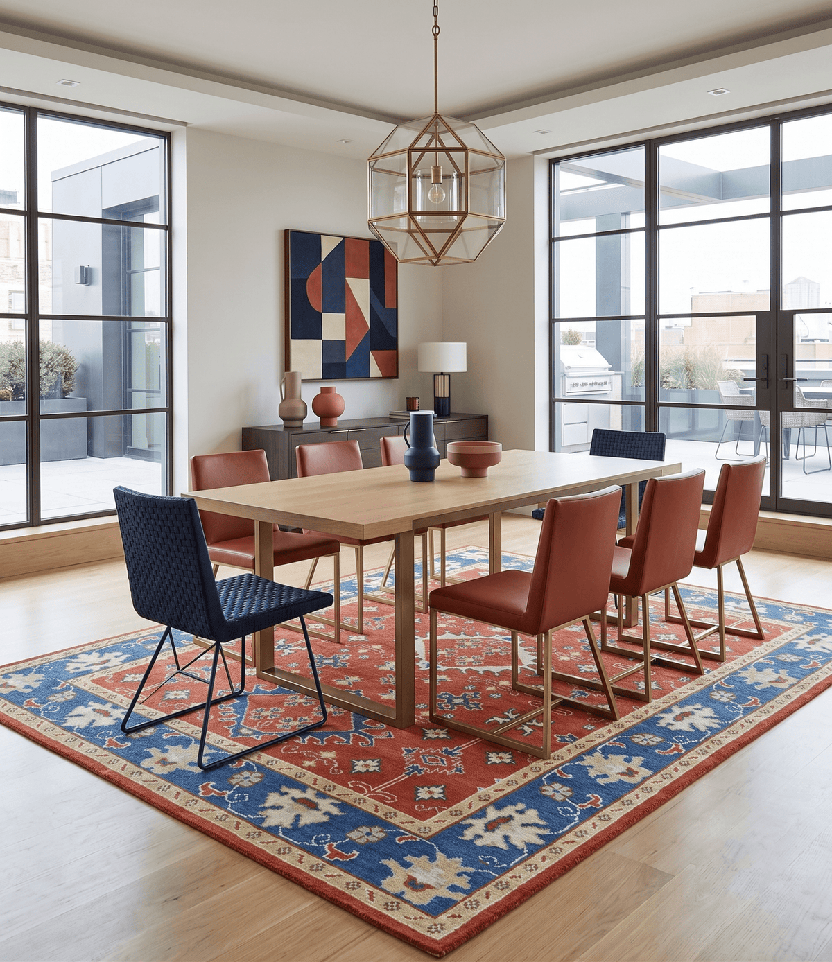 Brown, Blue and Beige Traditional Oriental Hand Knotted Multi Size Wool Area Rug