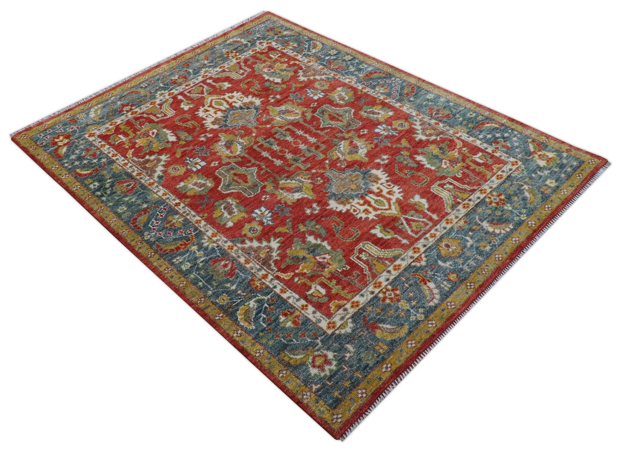 Cali Hand Knotted Turkish Design Rust And Blue Wool Rug