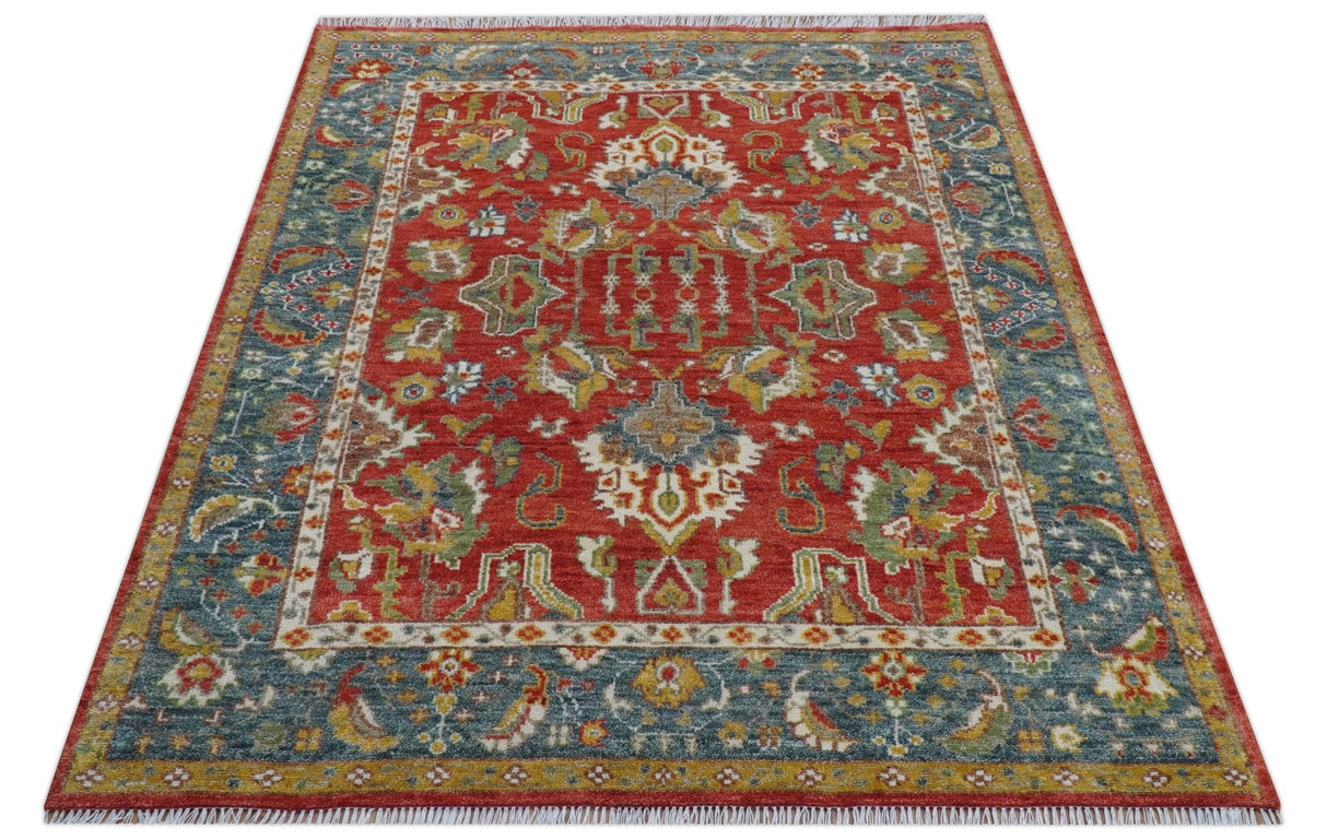 Cali Hand Knotted Turkish Design Rust And Blue Wool Rug